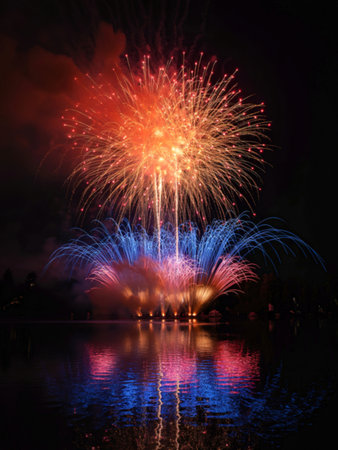 A vibrant fireworks display bursts with orange, red, and blue hues against a dark night sky. The...