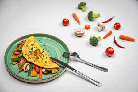 A perfectly cooked omelet filled with vegetables sits on a plate, with scattered fresh ingredients like carrots, broccoli, and tomatoes around it.の写真素材