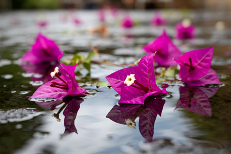 Close-up of bright pink bougainvillea petals gently floating and reflecting on a calm, textured...