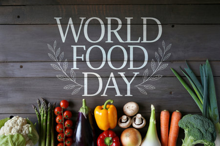 A vibrant display of fresh vegetables arranged on a rustic wooden background, celebrating World Food Day and promoting healthy eating habits.の写真素材