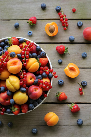 A vibrant bowl overflowing with fresh summer berries and halved stone fruits, scattered artfully on a rustic wooden surface.の写真素材