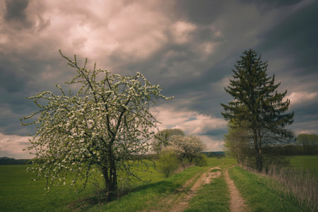 A dirt path winds through a field under a dramatic sky with dark, swirling clouds. A flowering tree stands to the left, a pine to the right.の写真素材