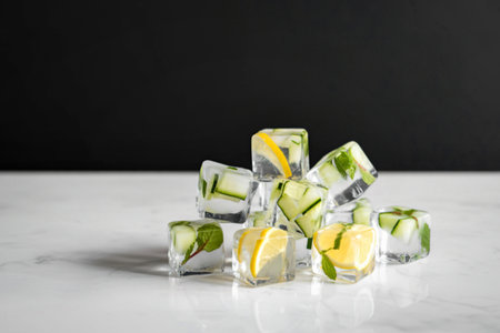 A pile of clear ice cubes containing fresh green herbs and thin slices of yellow citrus fruits, set...