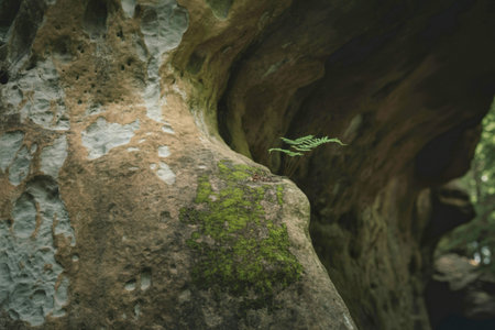 A detailed close-up view of weathered, moss-covered tree bark, showcasing intricate textures and natural patterns in a forest setting.の写真素材