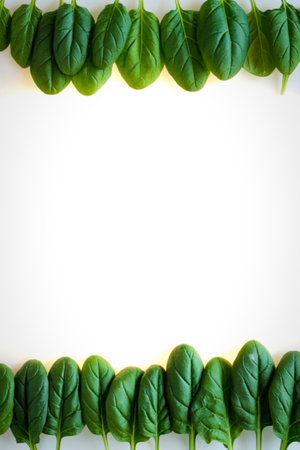 A top and bottom border of vibrant green spinach leaves frames a clean white space, perfect for text...