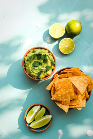 A vibrant overhead view of a delicious spread featuring creamy guacamole, crispy tortilla chips, and...