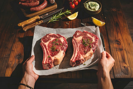 A top-down view of hands holding a tray with two seasoned raw lamb chops, ready for preparation. Other ingredients are visible in the background.の写真素材