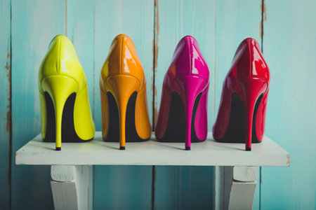 A vibrant collection of four high heel shoes in bright colors, arranged on a shelf with a textured blue wall behind them.の写真素材