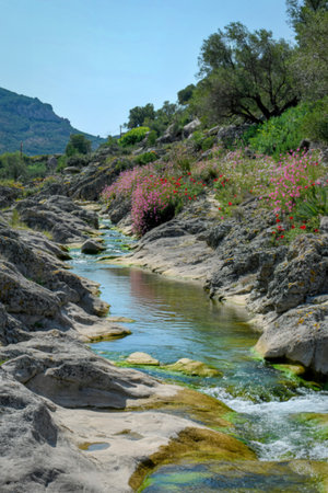 A clear stream flows through a rocky canyon with sparse vegetation and small pink flowers blooming on the slopes.の写真素材
