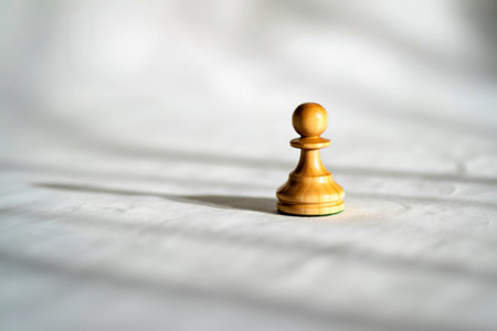 A solitary light-colored wooden chess pawn stands upright on a white, textured surface, casting a...