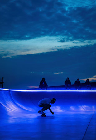 A lone skateboarder rides through a skatepark bathed in the glow of bright blue LED lights against a twilight sky.の写真素材