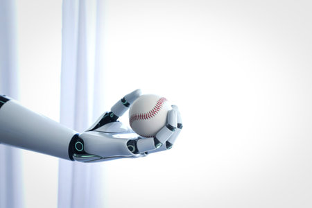 A futuristic robotic arm delicately holds a baseball, suggesting advancements in sports and...