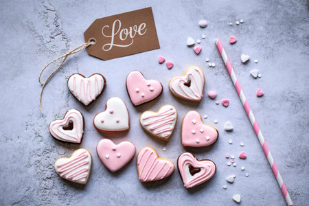 A collection of beautifully decorated heart-shaped cookies in various pink and white icing designs,...