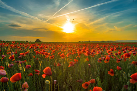 A vast field of red poppies stretches towards the horizon, bathed in the warm glow of a setting sun...