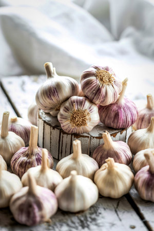 A close-up view of numerous garlic bulbs, showcasing their natural textures and colors, arranged on...