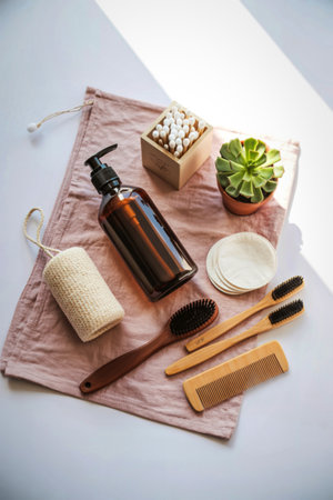 A collection of sustainable personal care items including a soap bar, lotion dispenser, toothbrushes, and a comb, presented on a soft pink textile.の写真素材