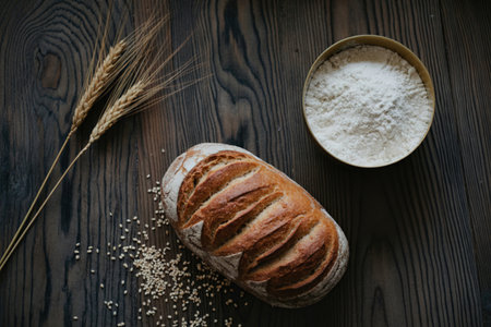 A freshly baked loaf of bread sits next to wheat stalks and a bowl of flour on a dark, textured...