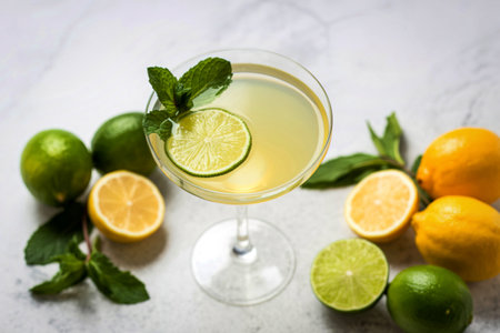 A bright and zesty cocktail garnished with mint and lime slices, surrounded by whole and halved...