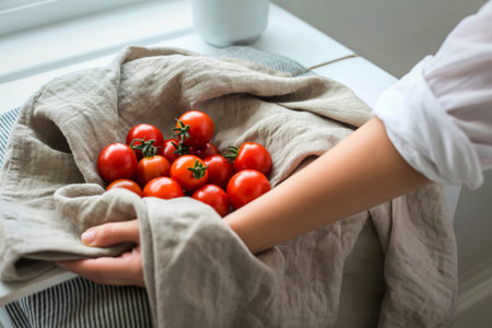 A person's hands gently hold a pile of ripe red cherry tomatoes nestled within a soft linen cloth, ready for preparation.の写真素材