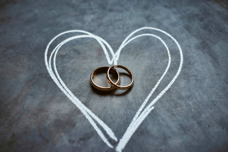 Two gold wedding bands are placed inside a simple white chalk heart drawn on a textured, dark surface, symbolizing love and commitment.の写真素材