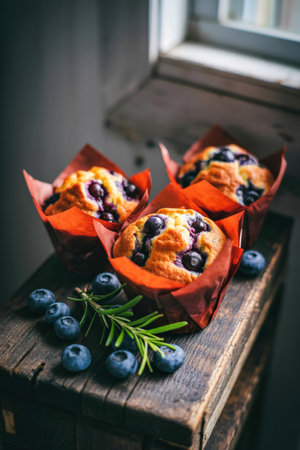 Three golden blueberry muffins in orange liners sit on a rustic wooden surface, adorned with fresh...