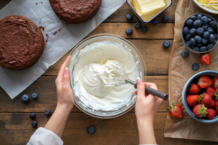 A top-down view of someone preparing a cake, whisking cream in a bowl surrounded by ingredients like...