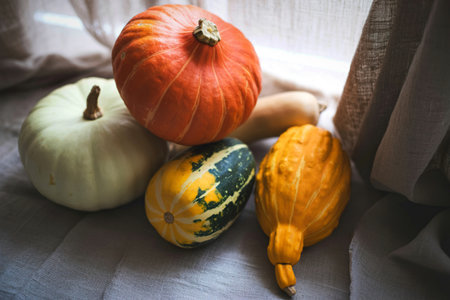 A still life arrangement featuring various colorful gourds and pumpkins, showcasing the beauty of...