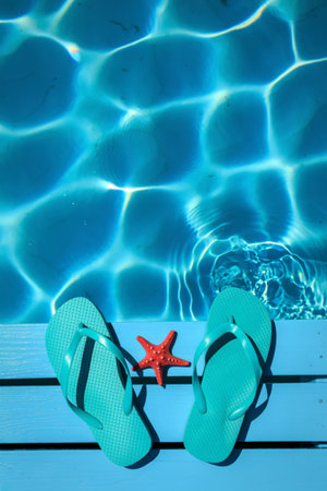 A pair of turquoise flip flops and a small starfish rest on the edge of a swimming pool, with...