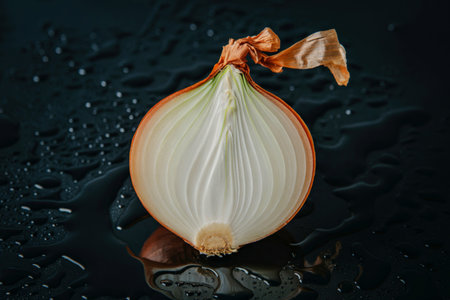 A close-up, overhead view of a halved yellow onion with visible layers and a dry, papery skin, set...