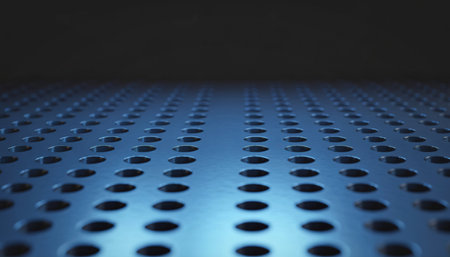 A metallic surface with a repeating pattern of oval perforations recedes into the distance, illuminated by a cool blue light.の写真素材
