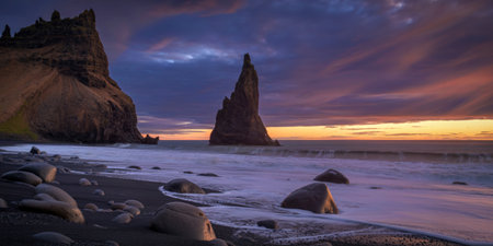 A breathtaking sunset paints the sky with vibrant colors over a rugged coastline featuring towering...