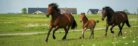 A brown mare and her foal are joined by another horse as they gallop through a green field with wildflowers and houses in the background.の写真素材