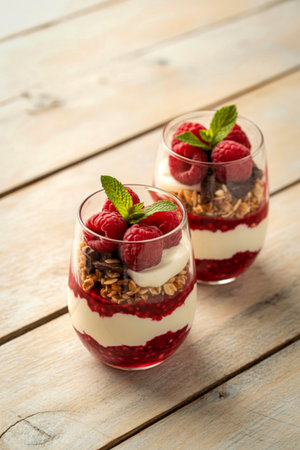 Two clear glasses filled with layers of creamy yogurt, fresh raspberries, and crunchy granola, topped with mint leaves.の写真素材