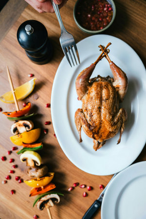 A perfectly roasted quail sits on a white plate next to a colorful vegetable skewer and a scattering of pomegranate seeds.の写真素材