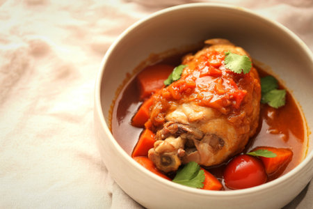 A close-up of a delicious chicken dish in a bowl, featuring tender chicken, vibrant tomatoes, and carrots in a rich sauce.の写真素材