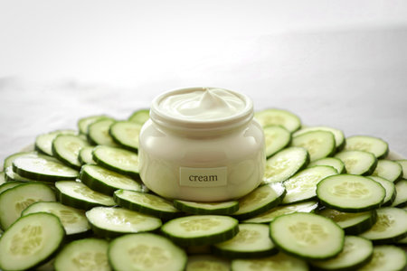A glass jar of white cream is centered on a bed of thinly sliced green cucumbers, suggesting a natural skincare product.の写真素材
