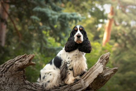 A beautiful black and white English Cocker Spaniel poses serenely on a weathered tree trunk amidst lush green foliage.の写真素材