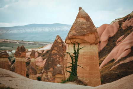 Unusual rock formations, known as fairy chimneys, rise from a sandy, rocky terrain with mountains in the distance under an overcast sky.の写真素材