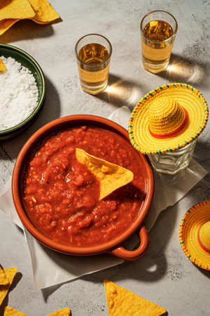 A vibrant Mexican fiesta scene featuring a bowl of salsa, tortilla chips, tequila shots, and miniature sombreros, perfect for a celebration.の写真素材