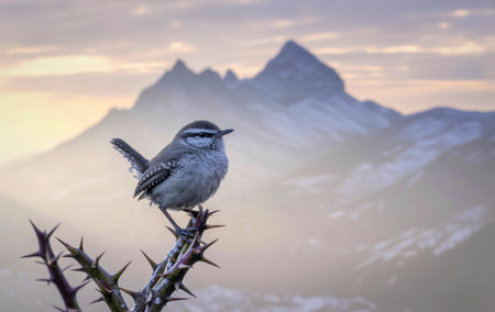 A small, grey bird with a striped head sits on a thorny twig. Majestic mountains rise in the soft, hazy background.の写真素材