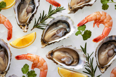 A vibrant overhead view of a seafood platter featuring plump oysters, succulent shrimp, bright lemon wedges, and fresh rosemary sprigs.の写真素材