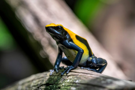 A striking poison dart frog with bright yellow stripes and blue legs sits on a textured branch in a natural, blurred environment.の写真素材