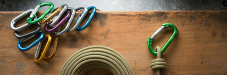 A collection of vibrant climbing carabiners and a coiled climbing rope are displayed on a rustic...