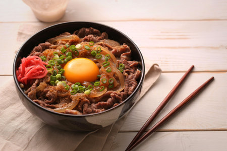 A close-up overhead view of a Japanese beef bowl, topped with a raw egg yolk, green onions, and pickled ginger, served with chopsticks.の写真素材