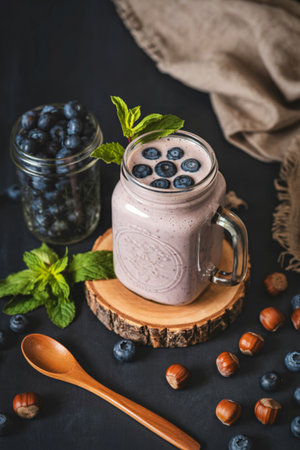 A delicious and healthy blueberry smoothie in a glass jar, garnished with fresh blueberries and mint, surrounded by nuts and berries.の写真素材