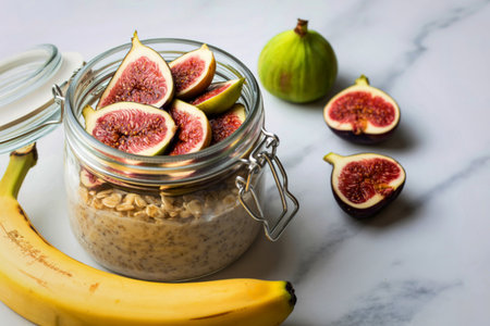 A jar of overnight oats topped with sliced fresh figs, with whole and halved figs and a banana on the side.の写真素材