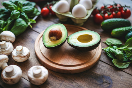 A vibrant arrangement of fresh produce including avocado, mushrooms, spinach, cucumbers, tomatoes, and eggs, suggesting a healthy meal preparation.の写真素材