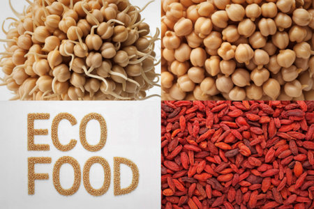 A collage showcasing organic food items including sprouts chickpeas goji berries and the words Eco Food.の写真素材