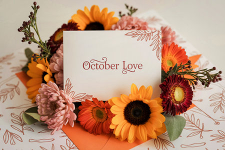 A circular arrangement of vibrant autumn flowers surrounds a square card with 'October Love' written on it, set against a textured background.の写真素材