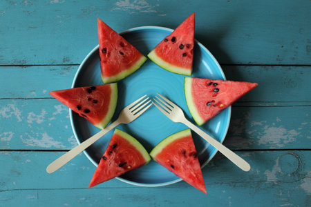 A circular arrangement of watermelon slices on a blue plate with two forks. The image is shot from...